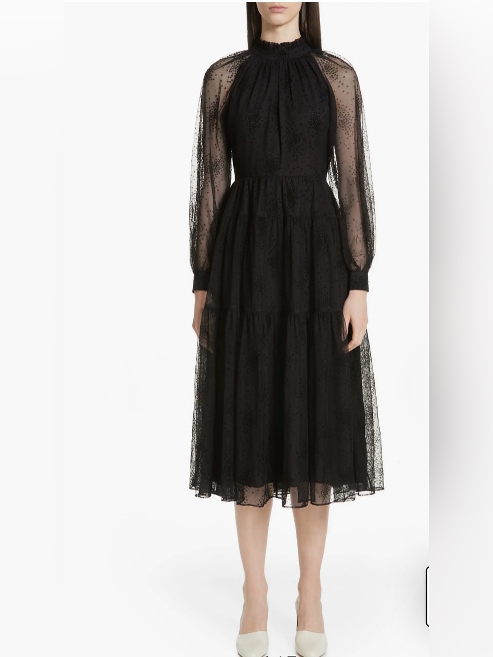 NWT $898 CO Black Sheer Ruffled Neck Tiered Dress